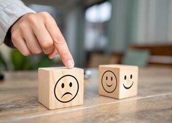 Hand choose happy or sad face icon on wooden cube. Customer service evaluation and feedback concept