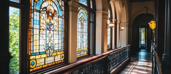 Intricate stained glass window enhancing historic residence interior with architectural beauty and natural light streaming through