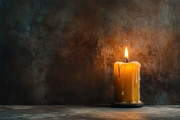 A haunting depiction of a glowing yellow candle in a dark room, with wax drips forming eerie shapes as shadows dance on the walls