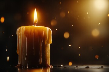 A haunting depiction of a glowing yellow candle in a dark room, with wax drips forming eerie shapes as shadows dance on the walls