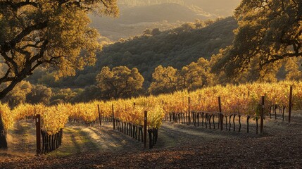 Poster - Harvest in a picturesque vineyard showcasing rows of grapevines and surrounding hills under golden sunlight in autumn