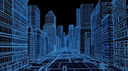 Poster - futuristic cityscape background on wireframe landscape. vector realistic illustration of modern urba