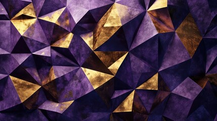 Fototapete - Geometric pattern featuring low-poly design in rich shades of deep purple and gold accents for a modern decor style