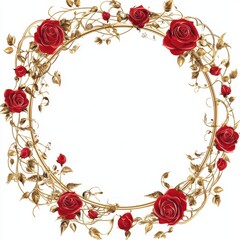Poster - Decorative circular frame with red roses and golden vines for elegant design purposes