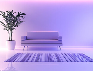 Poster - A minimalist purple room with a sleek sofa and striped rug, and a white floor.