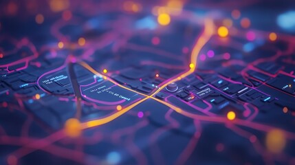 Poster - Complex network of interconnected glowing roads and buildings forming a futuristic city navigation system, visualized with vibrant colors and data points