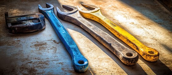 Wall Mural - Rusty wrenches & pipe wrench on workshop floor, sunlit