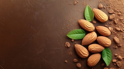 Wall Mural - Freshly harvested almonds with green leaves arranged on a rustic brown background showcasing their natural texture and color richness.