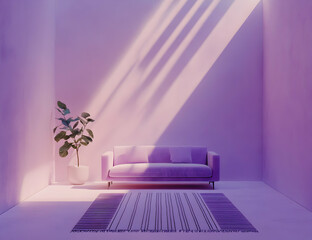 Poster - A minimalist purple room with a sleek sofa and striped rug, and a white floor.