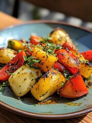 Poster - Delicious close-up of vibrant roasted vegetables served on a plate during a summer meal