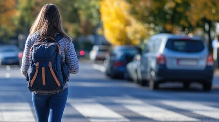 Student with backpack crossing street in autumn setting with golden trees and cars in background, focus on young adult in casual attire