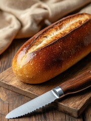 Aufkleber - Freshly baked sourdough bread with crusty exterior on wooden board beside serrated knife
