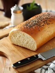 Aufkleber - Freshly baked loaf of bread with seeds resting on a wooden cutting board beside a knife and condiments