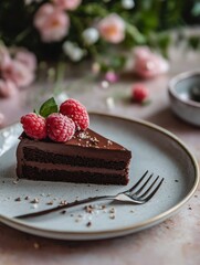 Aufkleber - Indulgent chocolate cake slice adorned with fresh raspberries on a decorative plate