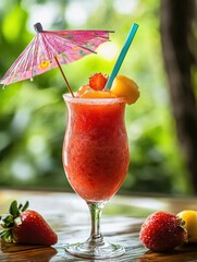Aufkleber - Colorful tropical cocktail is garnished with fruits and an umbrella in a lush, sunny setting