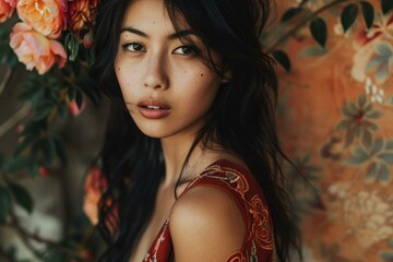 Poster - beautiful fashion model posing near flowers with an ornate background