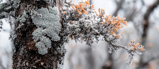 Frosty lichen on tree branch, winter forest background, nature photography