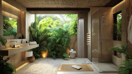 Aufkleber - Tropical bathroom design featuring bamboo accents and lush greenery for a serene atmosphere