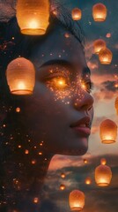 Aufkleber - Surreal visualization of a woman's face illuminated by floating lanterns at twilight