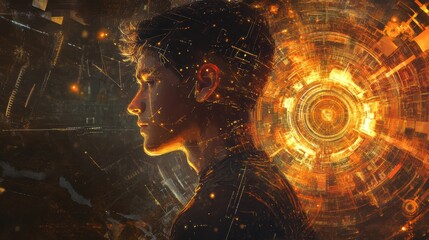Aufkleber - Surreal depiction of a man glowing amidst a digital background filled with intricate patterns and bright colors