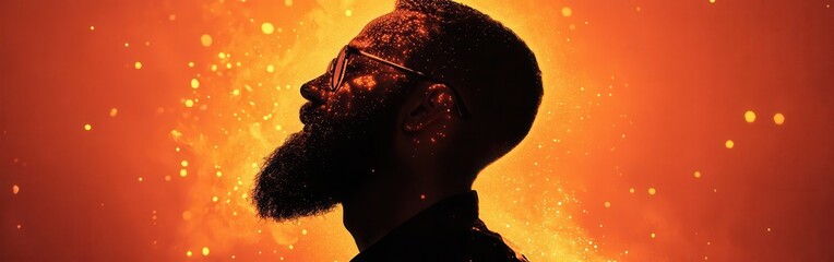 Poster - surreal portrait of a glowing man with a beard surrounded by orange light and particles in a dreamy 