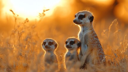 Wall Mural - Golden Hour Meerkats: A Family Portrait in the Warm Light of the Sunset