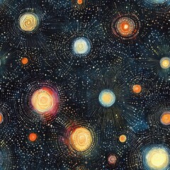 Poster - Radiant doodle cartoon drawings in watercolor showcasing a vibrant cosmic scene filled with colorful celestial bodies
