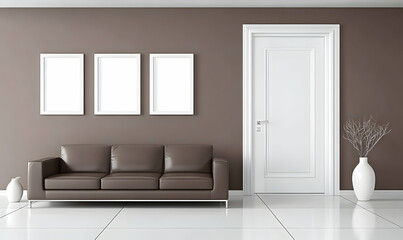 Poster - A sleek, modern living room with brown walls and white floor tiles