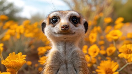 Wall Mural - Close-up portrait of an adorable meerkat surrounded by vibrant yellow flowers in a field