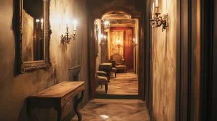 Wall Mural - Elegant hallway with distressed antique mirrors and soft candlelight ambiance