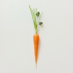 Poster - Fresh orange carrot with green stem lying on a light surface showcasing its natural beauty and color