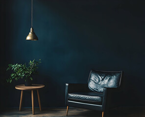 Poster - Modern interior design with a navy blue wall and a leather armchair, a wooden side table