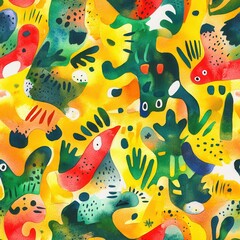 Poster - Dynamic watercolor doodle cartoon featuring vibrant creatures in a playful jungle setting full of energy and color