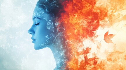 Poster - Woman glowing with ethereal light amidst fire and ice, symbolizing balance and transformation in a dreamy landscape