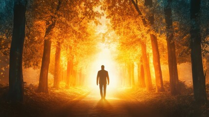 Aufkleber - Glowing man walking through a vibrant forest illuminated by warm, golden light during a serene moment of reflection in nature