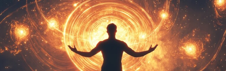 Poster - Concept of a man radiating light surrounded by cosmic elements in a visionary environment