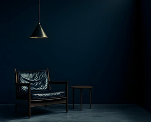 Poster - Minimalist dark blue living room interior with a leather armchair
