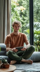 Poster - Young man enjoys tablet in a cozy, minimalist living space surrounded by greenery and natural light
