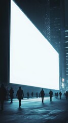 Aufkleber - Sleek urban landscape at night featuring a large digital display and silhouettes of pedestrians in a minimalist style