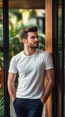 Poster - Relaxed young man enjoying the view indoors amidst greenery in a modern setting