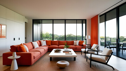 Wall Mural - Minimalist Japandi Home Interior Design: Modern Living Room with Bold Orange, White, and Terra Cotta Accents