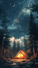 Aufkleber - Glowing tent under a starry night sky in a serene forest setting