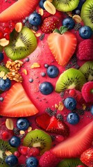 Poster - Vibrant close-up of assorted fresh fruits and granola on a colorful smoothie base in bright natural light