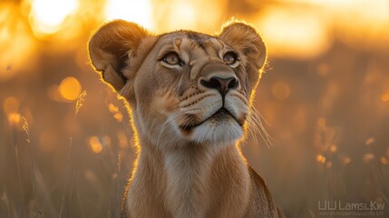 Wall Mural - Lioness basking in the golden glow of sunset with a majestic aura