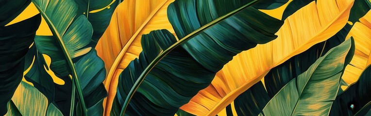 Poster - Vibrant yellow and lush emerald green tropical leaves create a stunning natural backdrop in a sunny environment