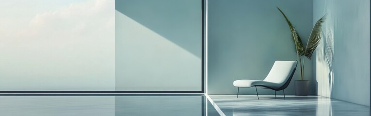 Fototapete - Elegant muted mint and gray haze envelops a modern room with a sleek chair and a solitary plant