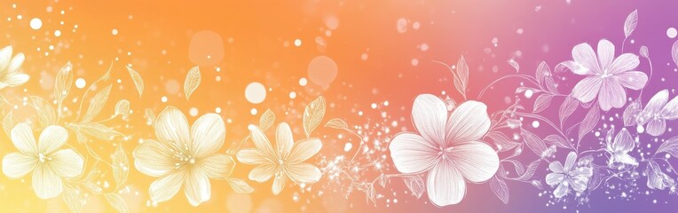 Aufkleber - Doodles of white flowers against a warm sunset blend of orange and purple hues creating a serene atmosphere