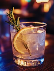 Poster - Refreshing lemonade with a sprig of herb served in a glass, ideal for a summer evening gathering at a cafe