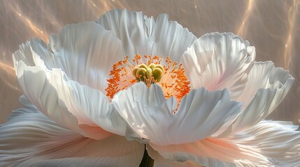 Poster - A stunning peony flower showcases its delicate white petals with hints of peach. The flower is beautifully illuminated, capturing the intricate details and vibrant yellow stamens at its center.