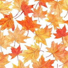 Poster - Intricate doodle cartoon drawings featuring vibrant autumn leaves in various hues scattered across a white background
